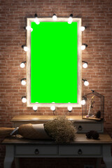 Vintage style make up mirror with light with green screen clipping path in middle