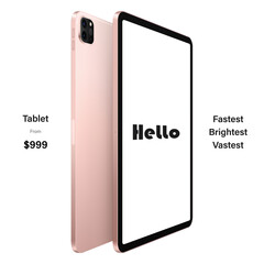 Poster - tablet pink color with blank touch screen saver and backside view isolated on white background. mockup of realistic and detailed device. vector 3d isometric illustration