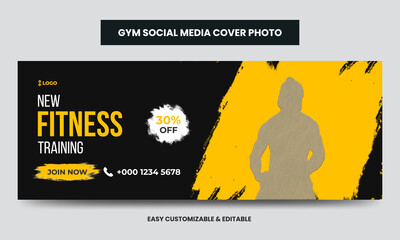 Fitness gym training social media cover photo template. Gym agency social media timeline web banner 