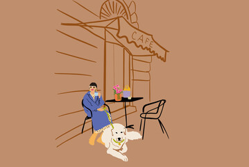 young stylish woman sitting with her dog on a street at cafe terrace near the building. concept of f