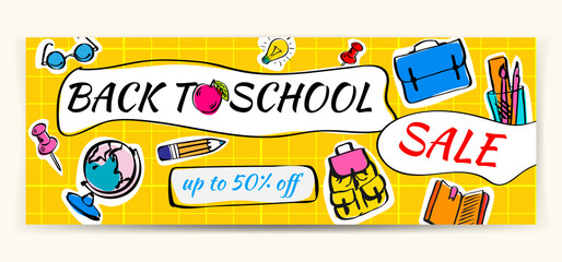 Wall Mural - Back to school Sale doodles horizontal background. Vector illustration for banners invitation and website