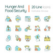 Hunger and food security RGB color icons set. Nutrition availability and access. Isolated vector illustrations. Simple filled line drawings collection. Editable stroke. Quicksand-Light font used