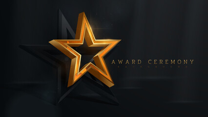 Wall Mural - 3d gold star with glitter light effect element and bokeh decoration and beam. Luxury award ceremony background.