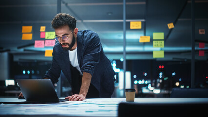 Poster - Successful Handsome Creative Director Working on Laptop Computer in Big City Office Late in the Evening. Businessman Preparing for a Marketing Plan in Conference Room.