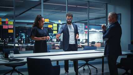 Poster - Office Conference Room Meeting: Diverse Team of Top Managers Talk, Brainstorm, Use Digital Tablet. Business Partners Discuss Financial Reports, Plan Investment Strategy. Team of Three