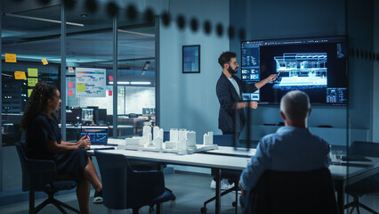Poster - Creative Architect Holds Meeting Presentation of a New Housing Project for a Team of Real Estate Investors. Adult Male Uses TV Screen with Technical Drawings, 3D Renders and Engineering Plans
