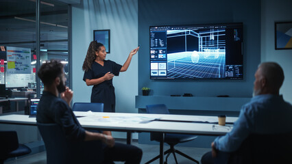 Poster - Creative Architect Holds Meeting Presentation of a New Housing Project for a Team of Real Estate Investors. Adult Male Uses TV Screen with Technical Drawings, 3D Renders and Engineering Plans