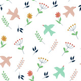 Fototapeta Dziecięca - Cute blooming meadow seamless pattern. Birds and flowers on a white background. Creative spring vector background. Colorful childish design.