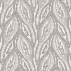 French grey botanical leaf linen seamless pattern with 2 tone country cottage style motif. Simple vintage rustic fabric textile effect. Primitive modern shabby chic kitchen cloth design.