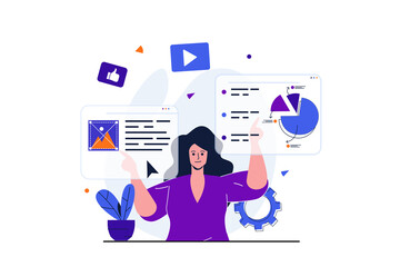 Leinwandbilder - Marketing modern flat concept for web banner design. Woman marketer analyzes data and optimizes web page working on screens and doing market research. Illustration with isolated people scene