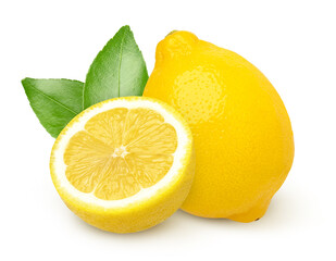 Wall Mural - lemon fruit and half with leaves isolated on white background, Fresh and Juicy Lemon