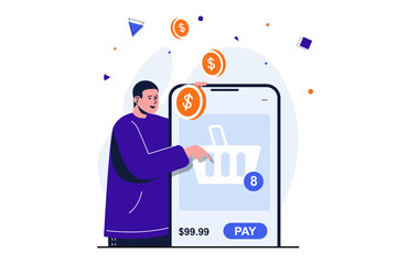 Aufkleber - Mobile commerce modern flat concept for web banner design. Man chooses goods in online store and forms shopping basket for payment using application. Illustration with isolated people scene