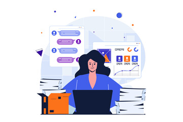 Poster - Office work modern flat concept for web banner design. Female employee working on laptop, doing paperwork, answering work chat and completing tasks. Illustration with isolated people scene