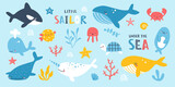 Fototapeta Pokój dzieciecy - Bundle of sea animals and plants. Cute marine set with lettering. Underwater vector collection.