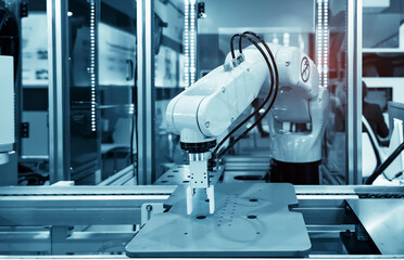 Poster - automatic robot arm machine tool at industrial manufacture factory