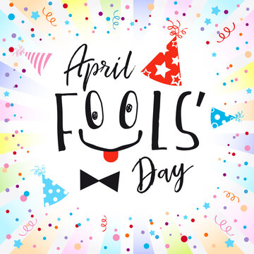 April fools day greeting card. Creative typography as fool's face. Isolated abstract graphic design template. Holiday white backdrop. Happy birthday congratulating sample idea. Decorative calligraphy.