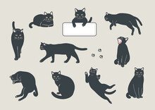 A Set Of Cute Cats In The Style Of Handwritten Illustrations. Flat Color Simple Style Design.
