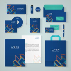 Dark blue stationery template design with orange and red lines.Set of business corporate identity mock up. Documentation for business.