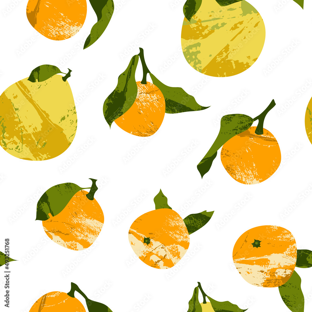 Seamless pattern with citrus fruits: juicy mandarin, orange, clementine ...