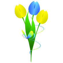 Yellow And Blue Tulips With A Butterfly On A White Background.