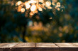Rustic wooden table in the summer garden. Focus on the foreground.