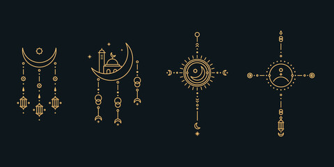 Wall Mural - ramadam kareem line art. minimal boho linear symbols. celestial mystic element. vector line art illu