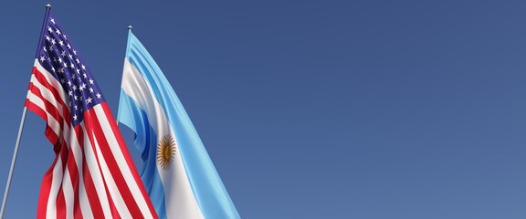 Flags of United States and Argentina on flagpoles on the side. Flags on a blue background. Place for text. United States of America. Buenos Aires, South America. Commonwealth. 3D illustration.