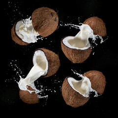 Cracked Coconuts with milk splash flying in the air, isolated on black.