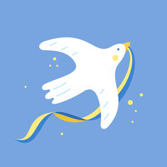 Wall Mural - White dove of Peace. Pigeon with Ukrainian ribbon. Save Ukraine, no war. Vector illustration, flat design. 