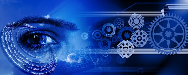 Cogs gears The concept of coding eye vision, circuit industrial business background. banner background. vector illustration.