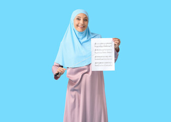 Sticker - Muslim music teacher with note sheet on color background