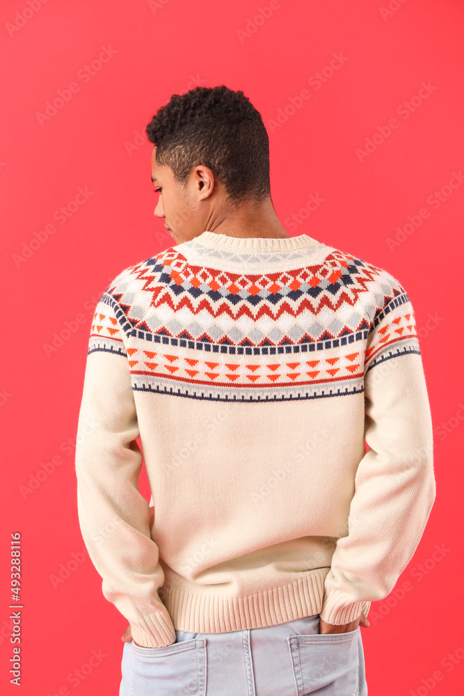 Handsome African-American guy in knitted sweater on red background