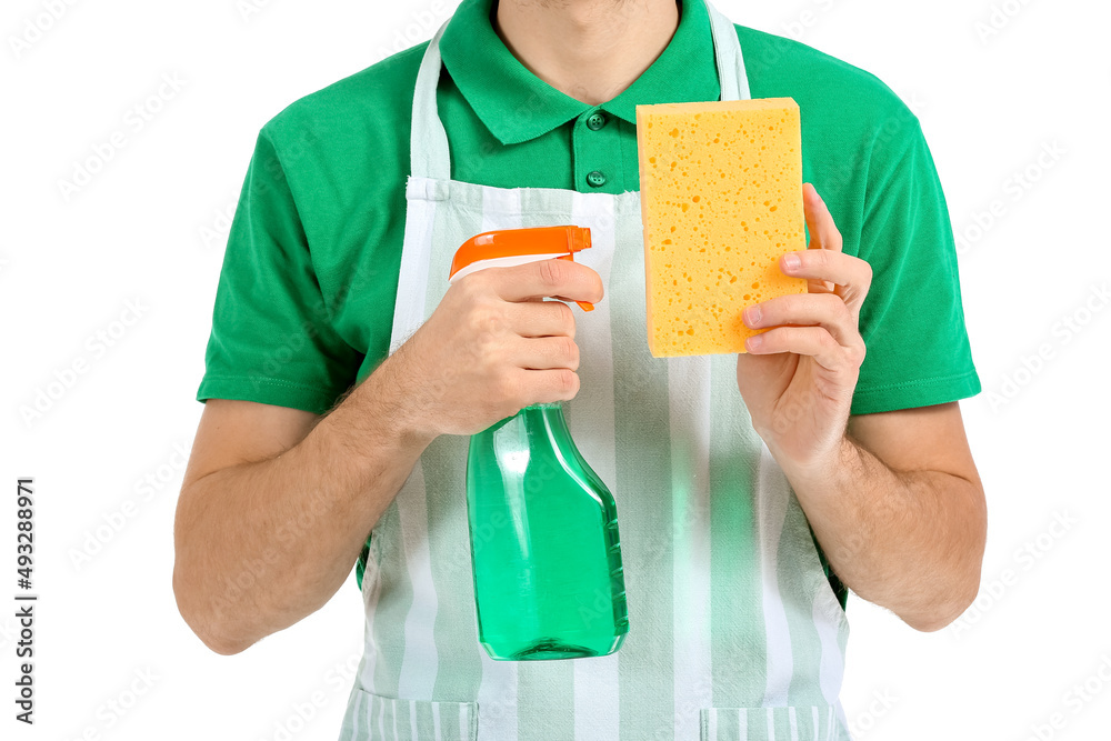 Young worker of cleaning service with cleaning sponge and detergent on white background