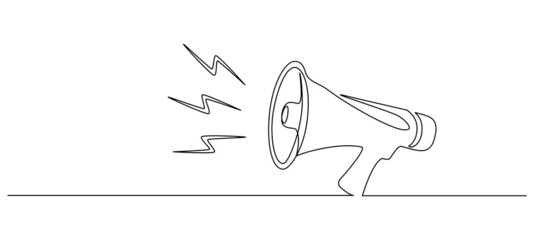 Poster - One continuous line drawing of public horn speaker. Megaphone icon of marketing promotion in simple linear style. Business concept for attention and job offer. Doodle vector illustration