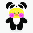 The picture shows a popular soft toy yellow lalafanfan duck wearing  kigurumi panda and round glasses