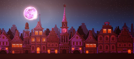 Traditional European old town.Town hall, chapel, beautiful houses, city street. Night city, moon. Vector cartoon landscape with ancient buildings