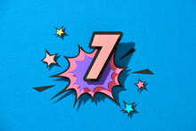 Number 7 Sign Comics Style Icon On Pop-art Background.
