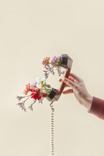 Man Holding Phone Handset With Spring Flowers