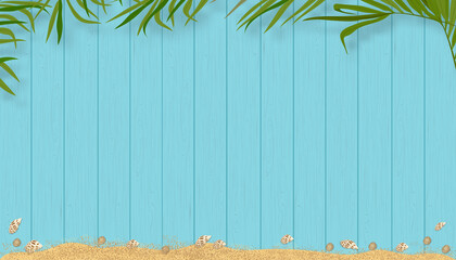 Wall Mural - Summer background with Coconut palm leaf, seashells and sand beach on blue wooden panel background, Vector horizon banner flat lay banner with leaves on wood plank texture for Summer sale