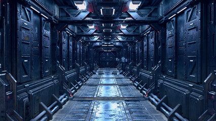 Poster - Futuristic corridor in a sci-fi  fantasy space ship or station. 3D illustration.