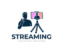 Man streaming or stream a live video from smartphone, logo design. Broadcast live video lecture or educational webinar, vlogging at home, vector design and illustration