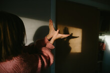 Girl Makes Shadow Puppet On Wall 