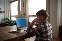 Boy Using Laptop During Online Lesson Back View