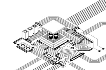 Wall Mural - Electronic cpu digital chip monochrome. Processor and electronic components on motherboard or circuit board. Microchip or microprocessor, hardware engineering. AI. Blockchain technology isometric