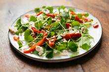 Purslane With Red Bell Pepper, Feta And Sunflower Seeds
