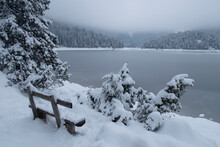 Bench In The Snow By A Frozen Lake Winter Scene