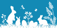 Easter Bunny And Eggs In The Meadow Silhouette Vector Background Hand Drawn Illustration