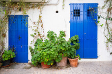 Blue Doors And Potted Plants On The Streets Of Ibiza.