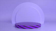Purple Black Striped Podium, Pedestal On Purple Background. Blank Showcase Mockup With Empty Round Stage. Abstract Geometry Background. Stage For Advertising Product Display With Copy Space. 3d Render