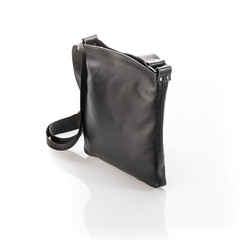 Black men's leather bag isolated on white background